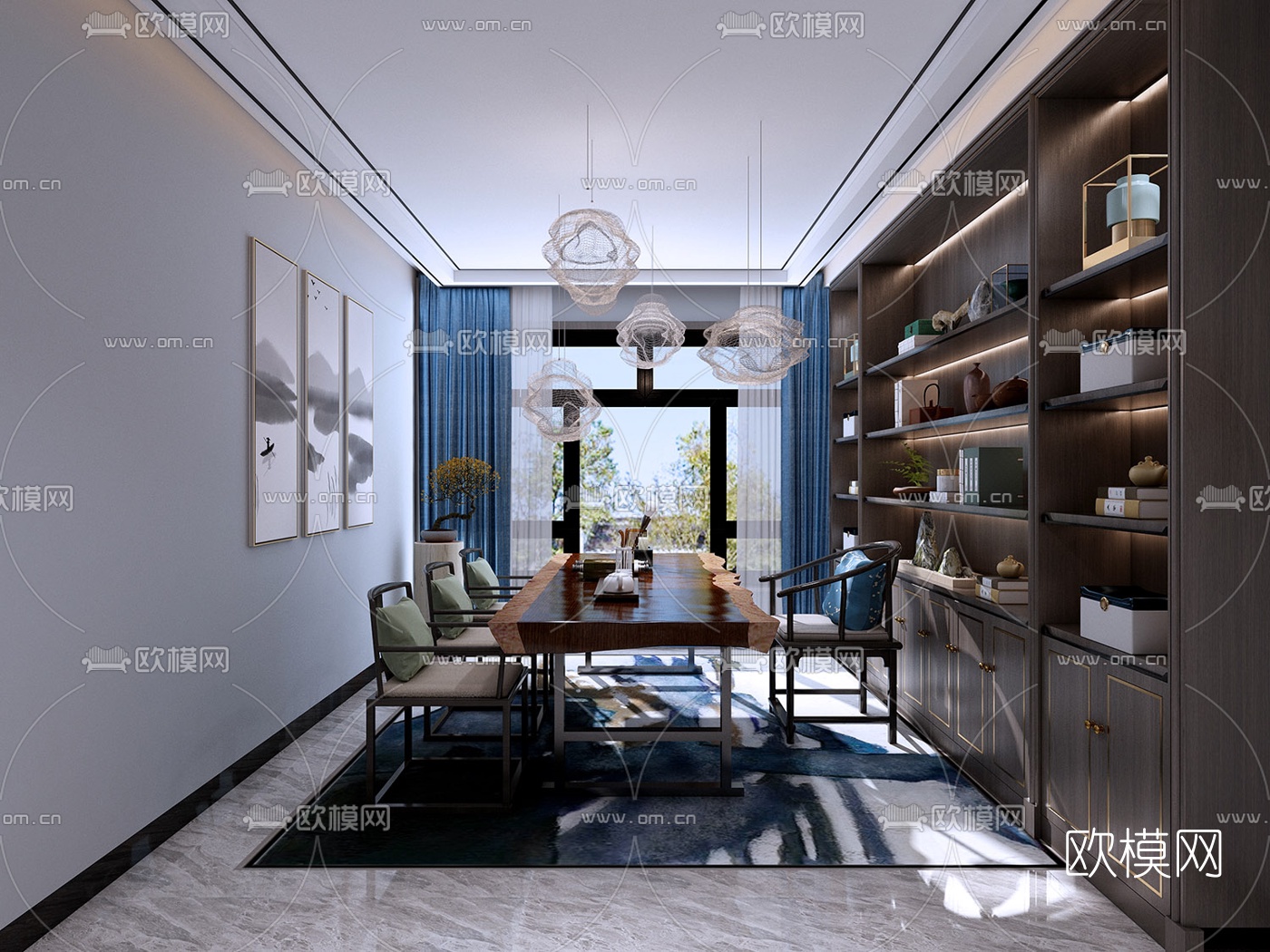 新中式轻奢茶室麻将室免费3d模型下载_ID10261660_3dmax免费模型-欧模网
