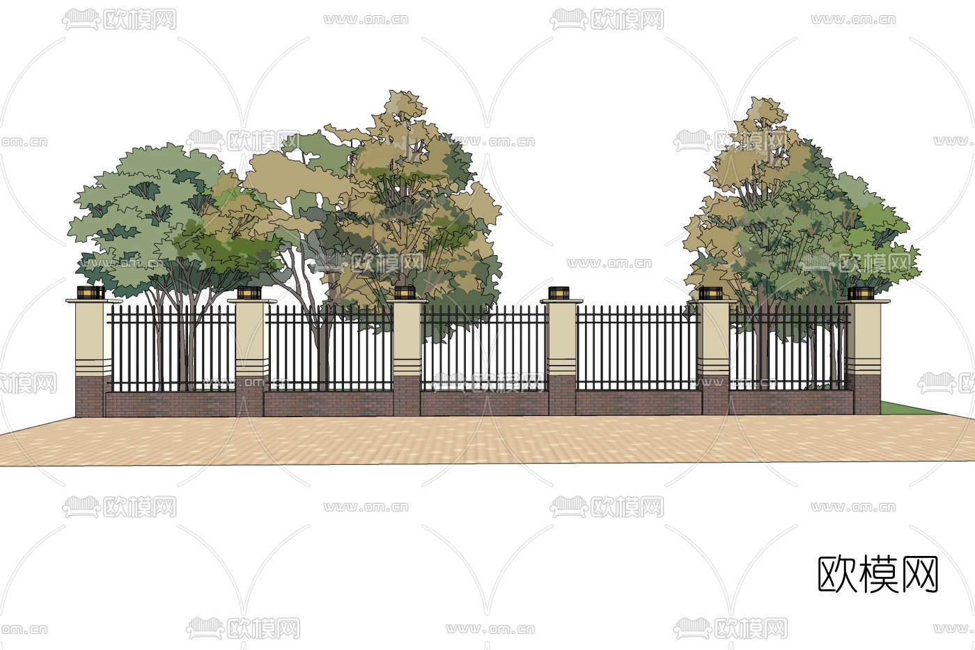 新中式铁艺围墙免费su模型下载