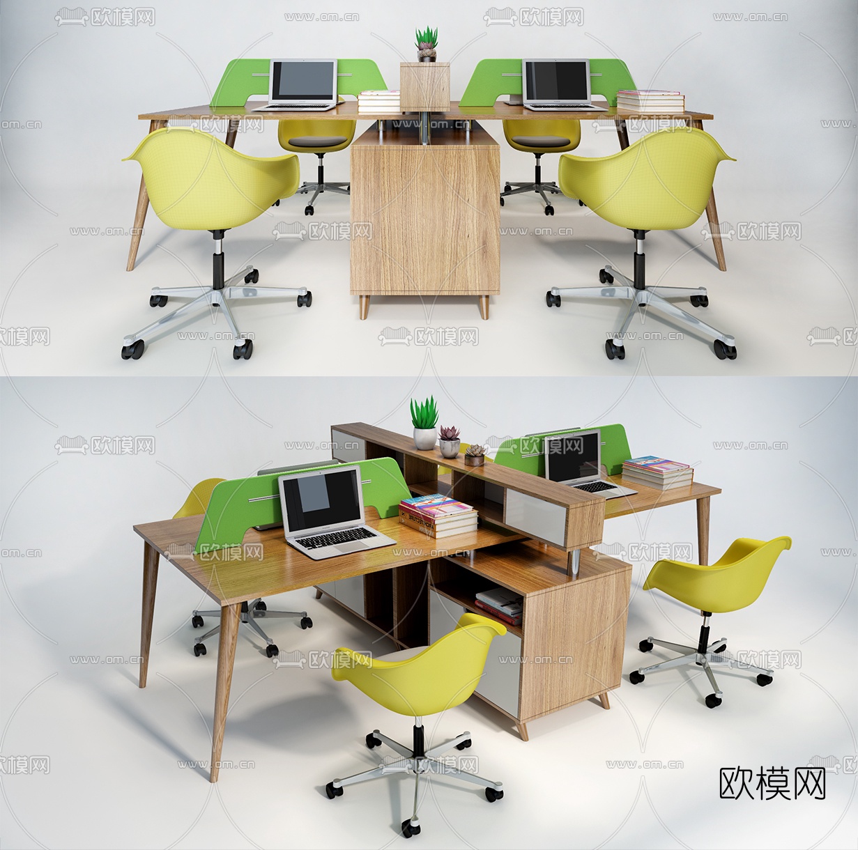 北欧实木卡位办公桌椅3d模型下载（渲染图1）