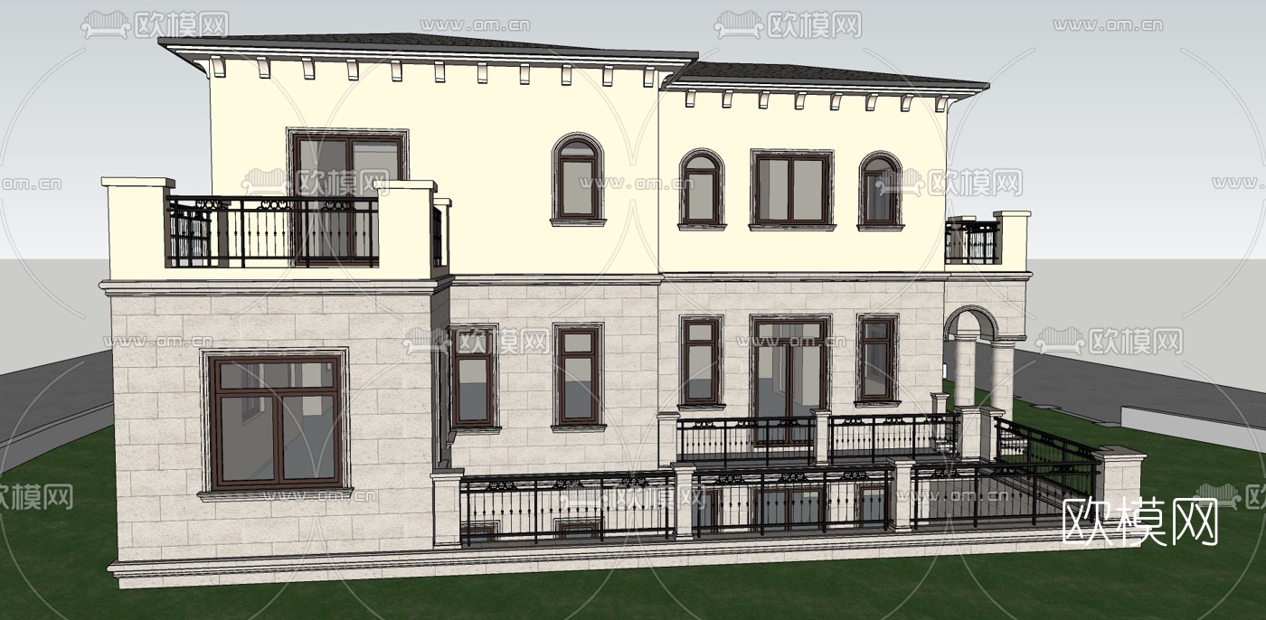 美式独栋别墅su模型下载（渲染图2）