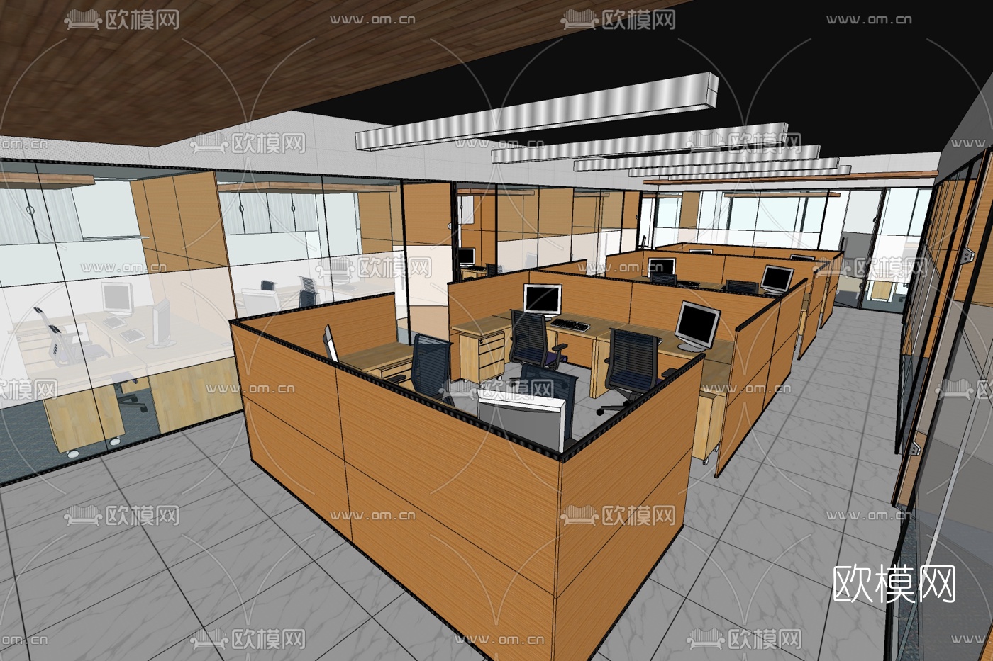 现代敞开式办公区免费su模型下载