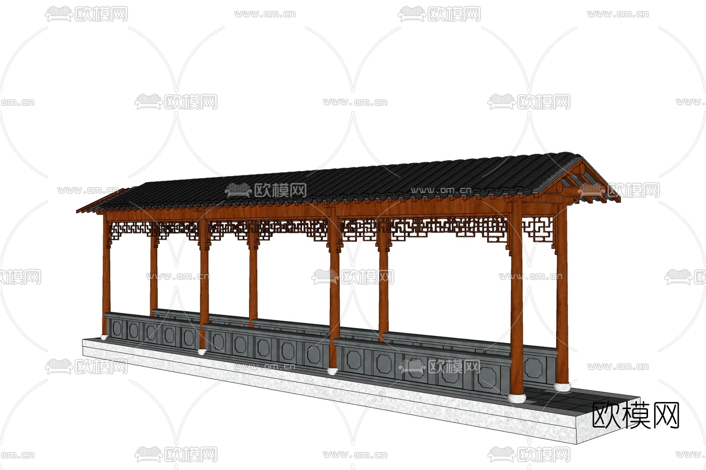 中式实木长廊免费su模型下载