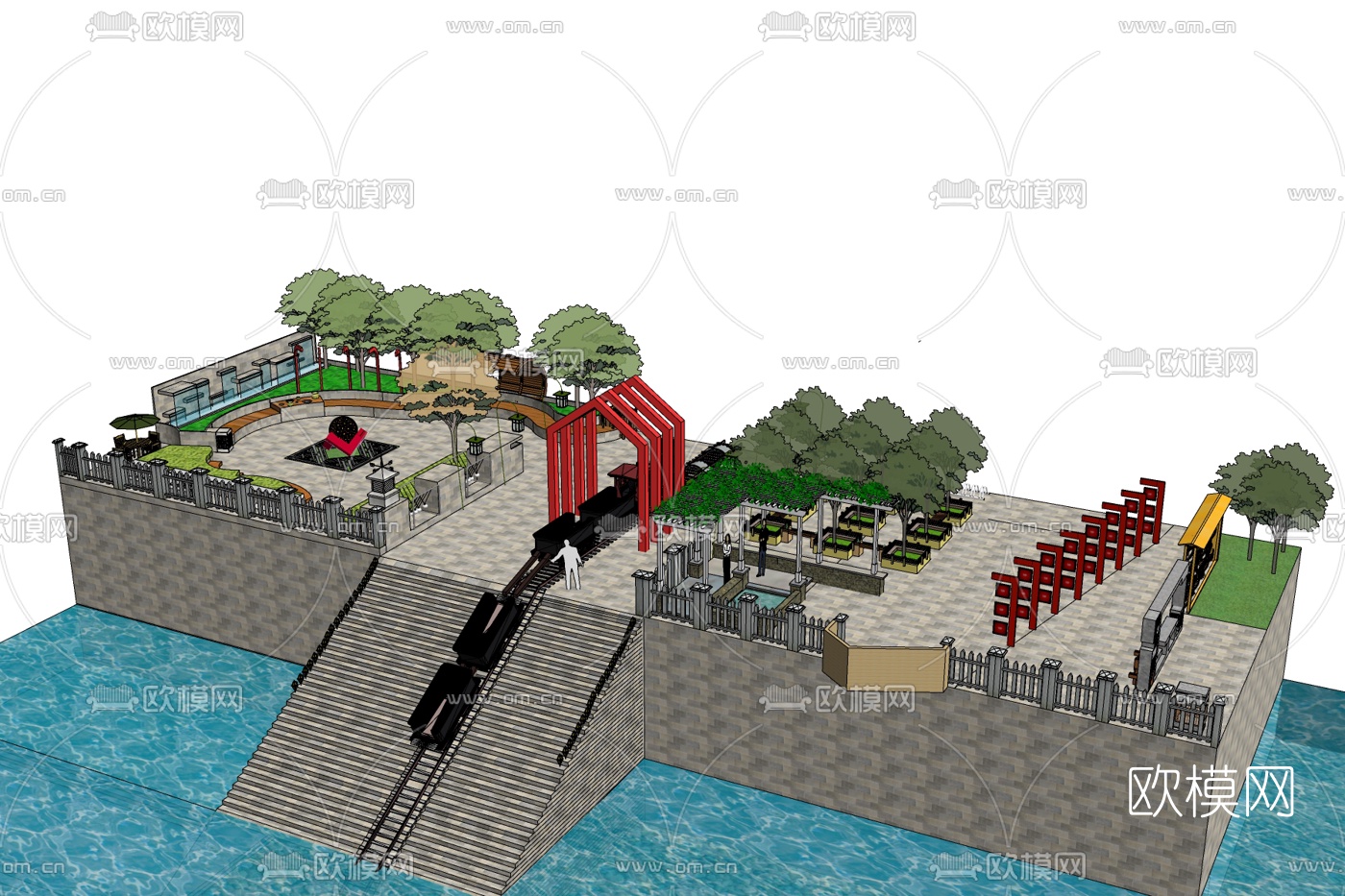 新中式园林景观免费su模型下载