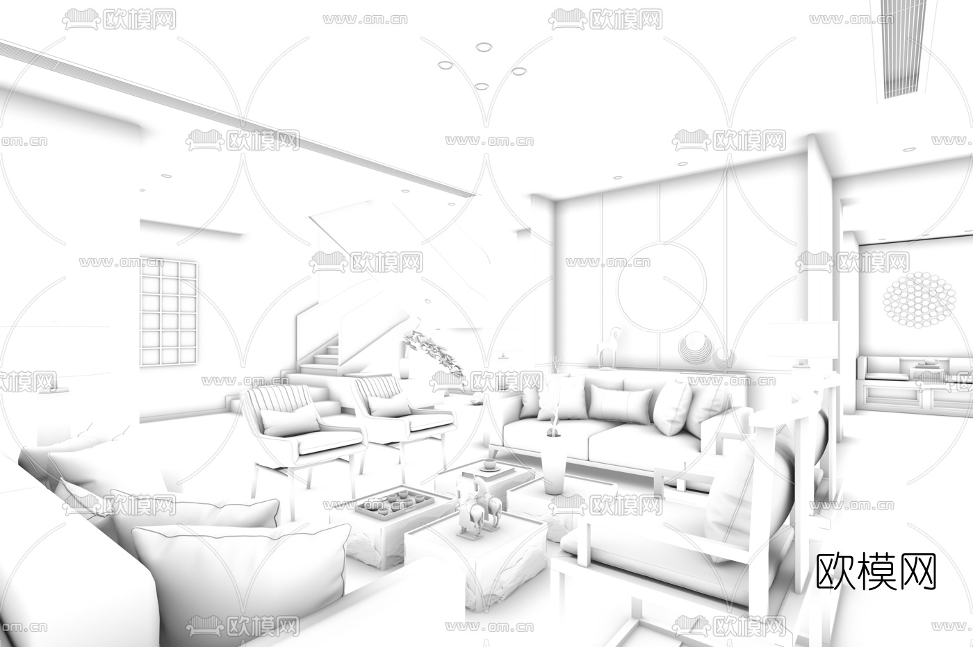 朗联设计 新中式客厅3d模型