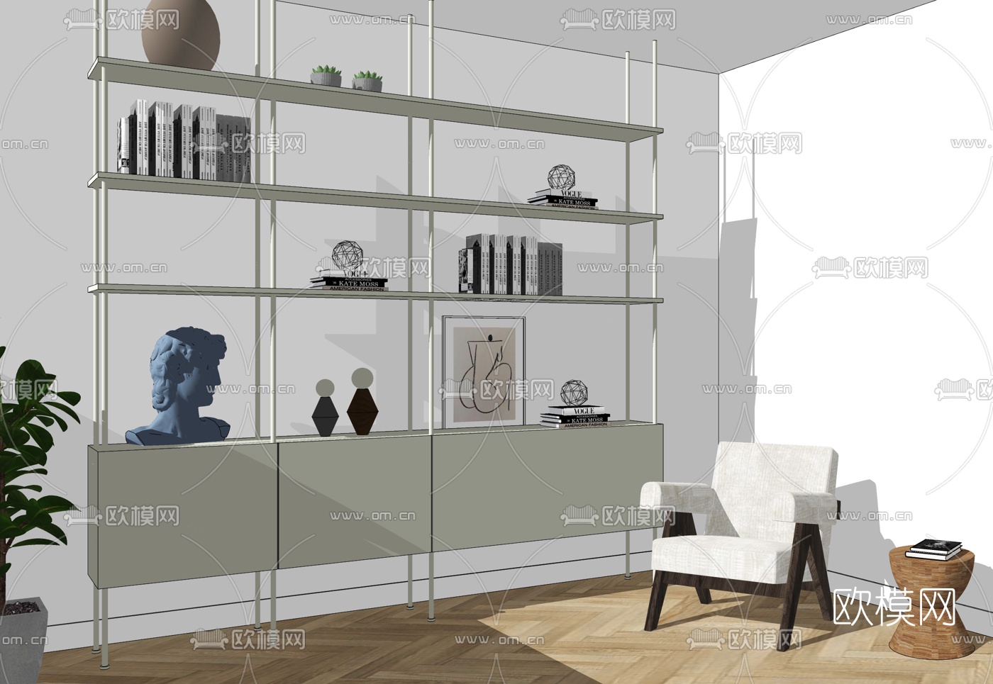 北欧实木书架su模型下载（渲染图2）