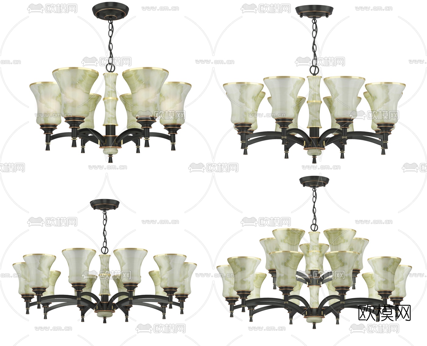 新中式多头玉石吊灯3d模型下载（渲染图1）