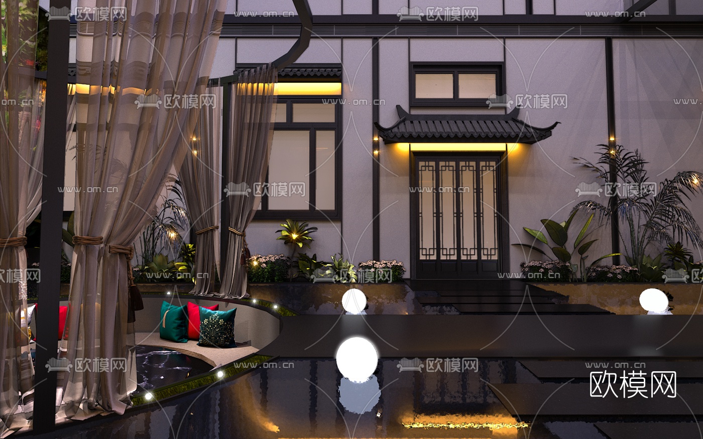 新中式酒店中庭3d模型