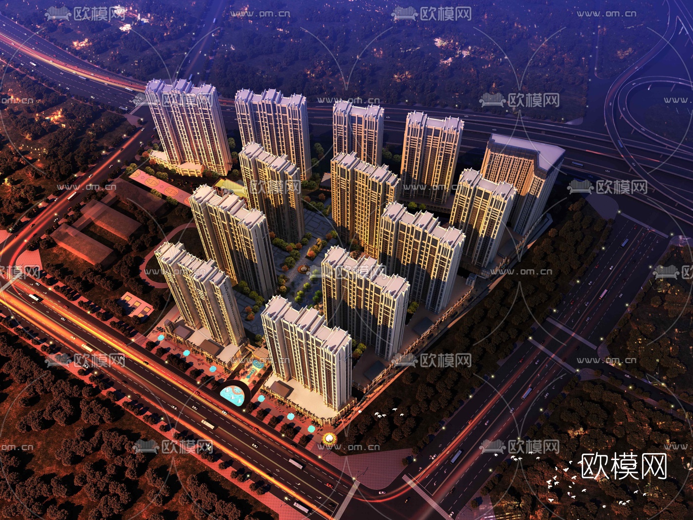 简欧住宅小区鸟瞰规划3d模型下载（渲染图1）