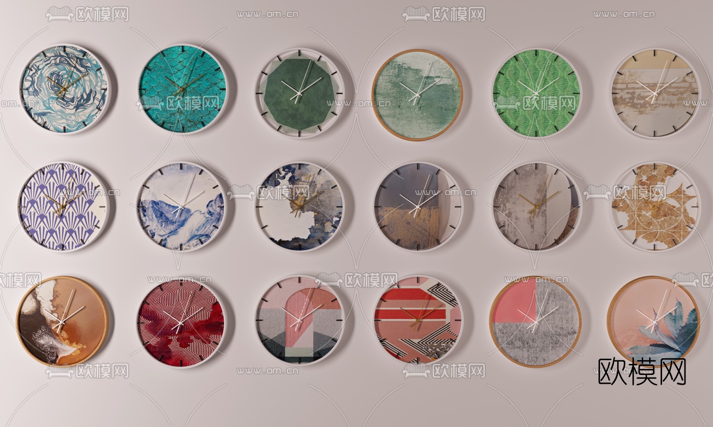 现代圆形挂钟组合3d模型下载