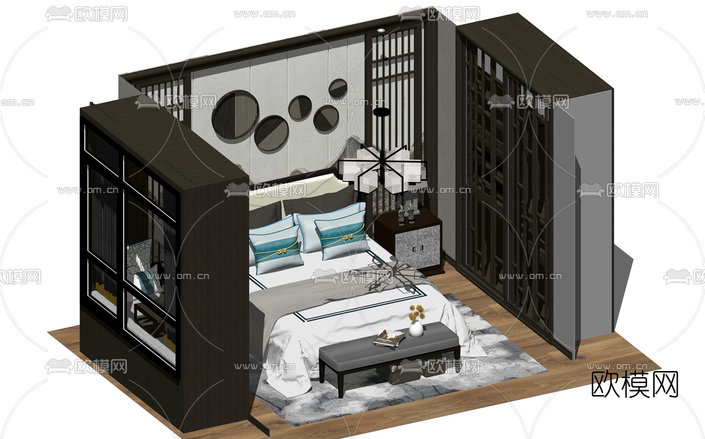 新中式布艺双人床su模型下载（渲染图3）