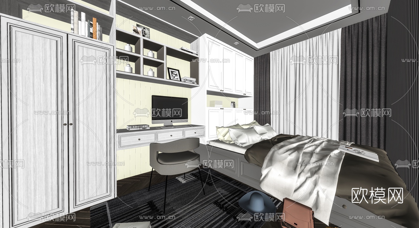 现代榻榻米卧室su模型