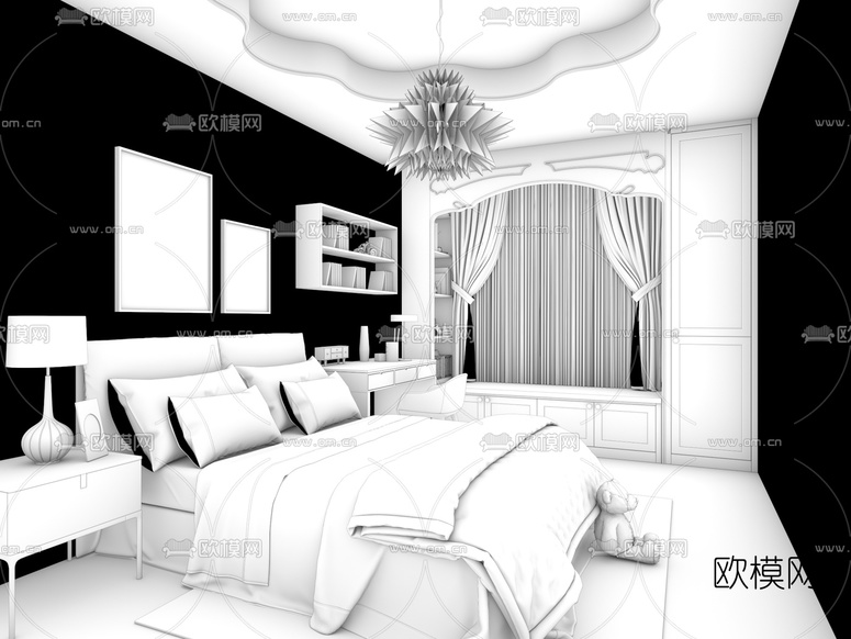 现代卧室双人床3d模型下载(渲染图2)