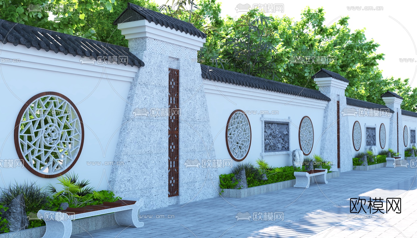 新中式公园围墙3d模型下载