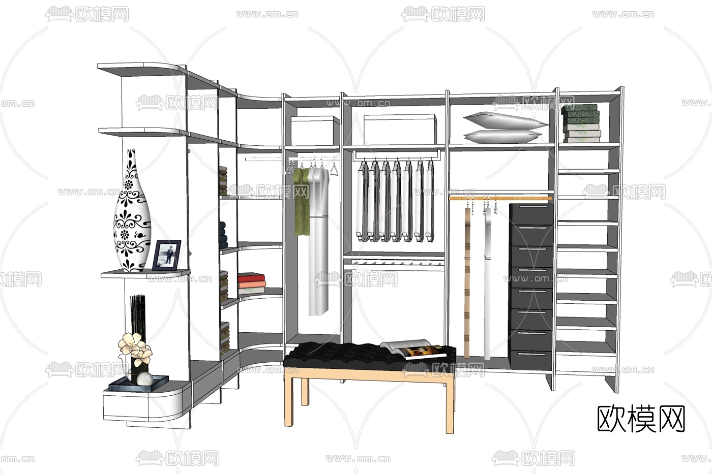 现代实木衣柜免费su模型下载