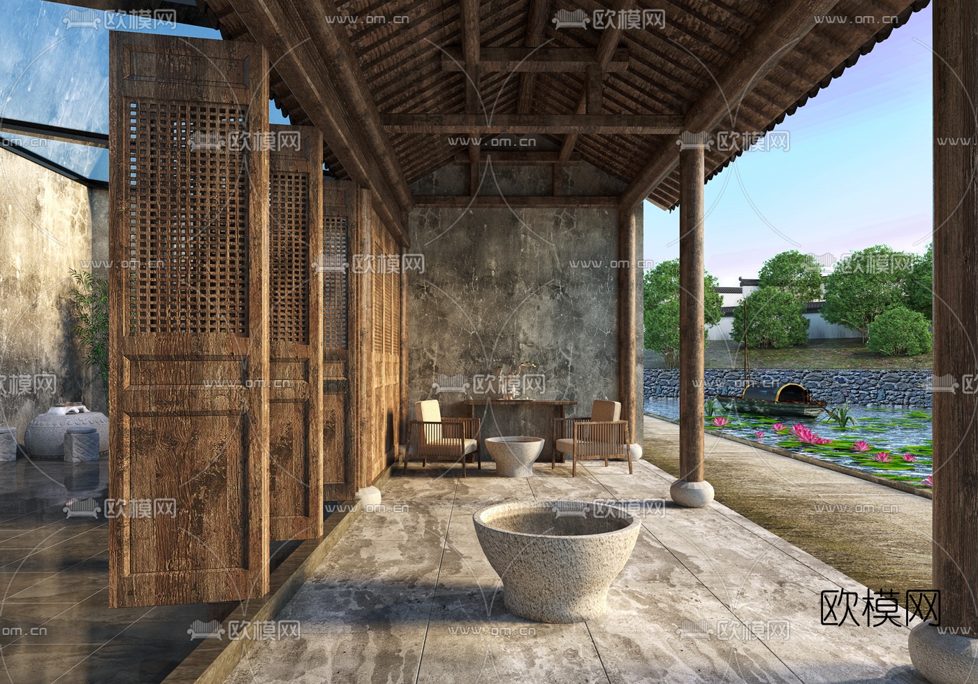 中式民宿门廊庭院3d模型下载