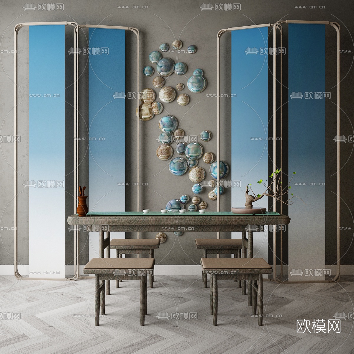 新中式实木茶桌椅3d模型下载