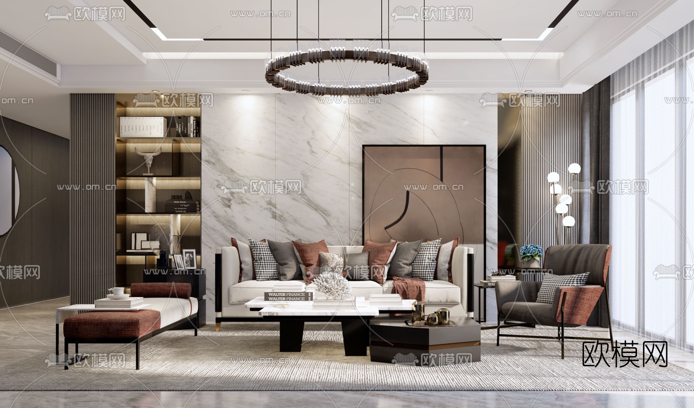 现代轻奢客厅su模型下载（渲染图1）