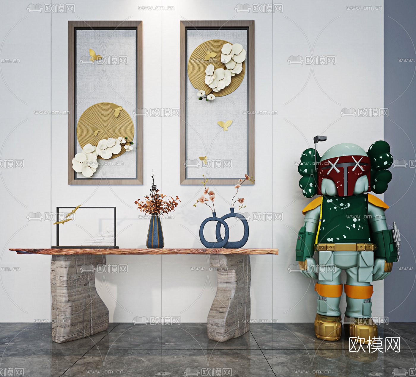 自然风原木端景条案3d模型下载（渲染图1）