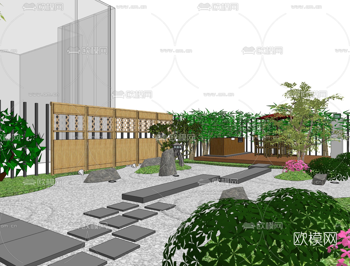 日式枯山水庭院花园su模型下载（渲染图1）
