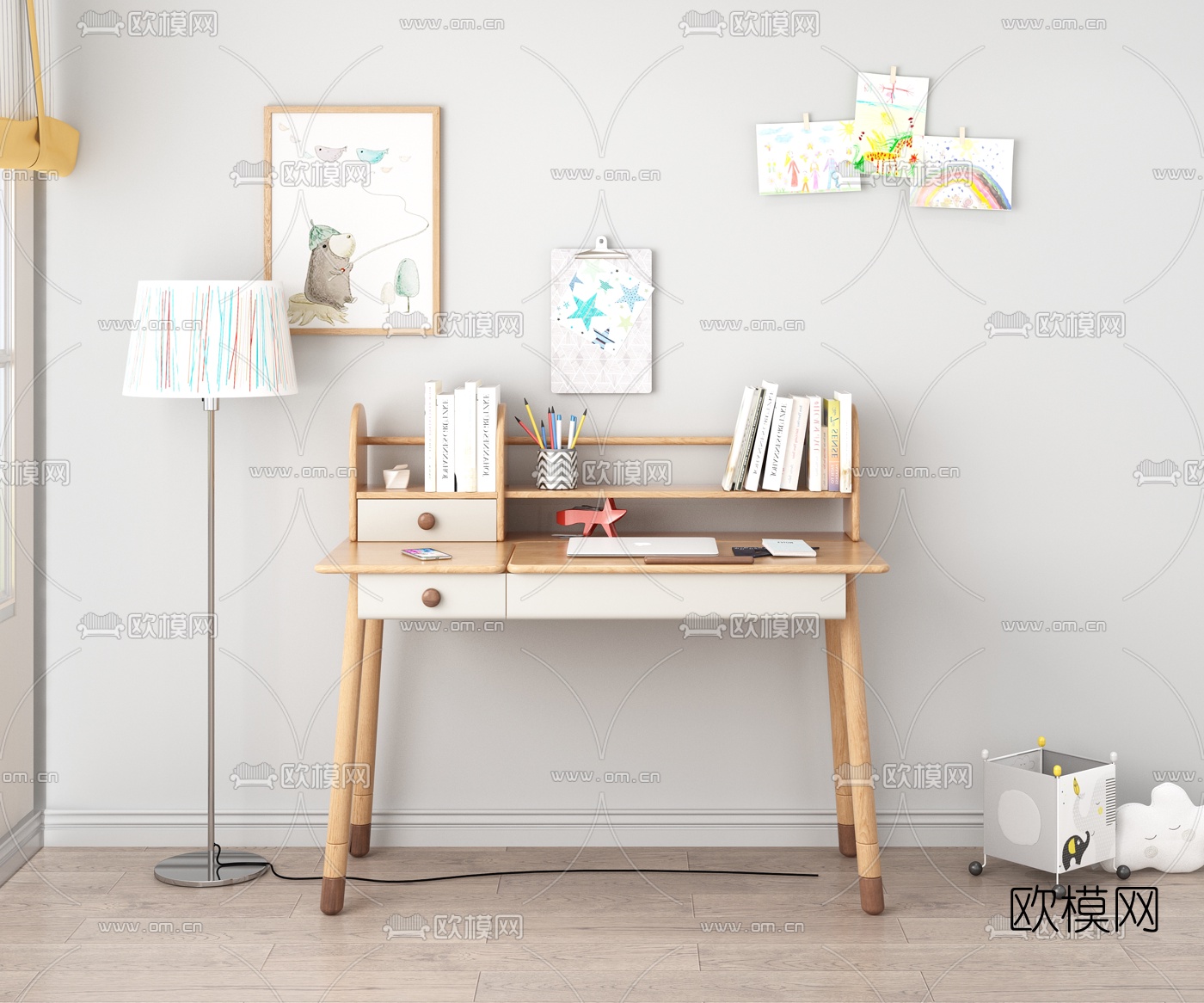 北欧原木儿童书桌3D模型下载（渲染图1）