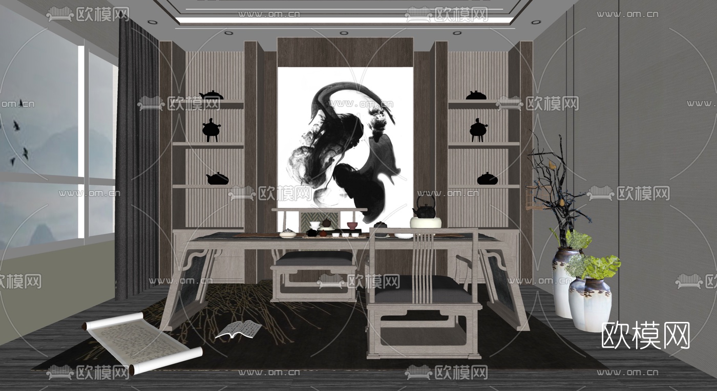 新中式书房su模型下载