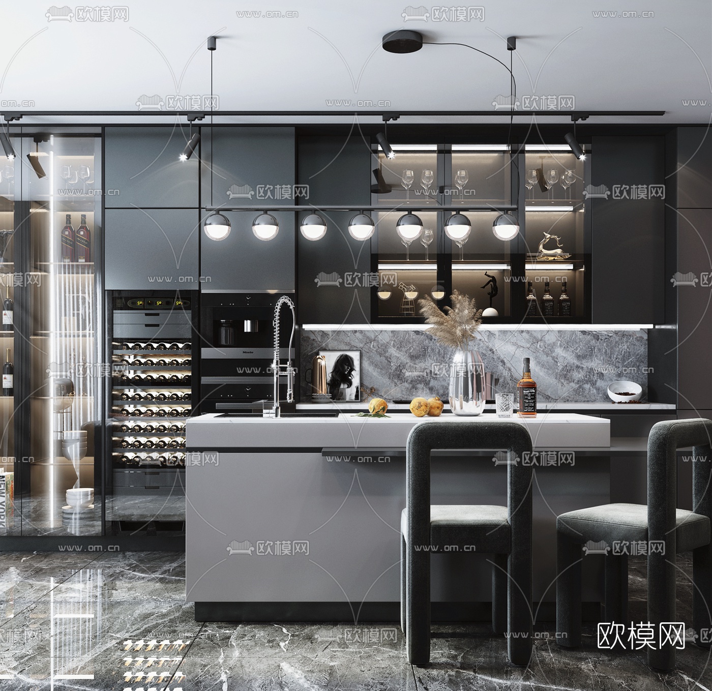 现代高级灰客厅餐厅3d模型