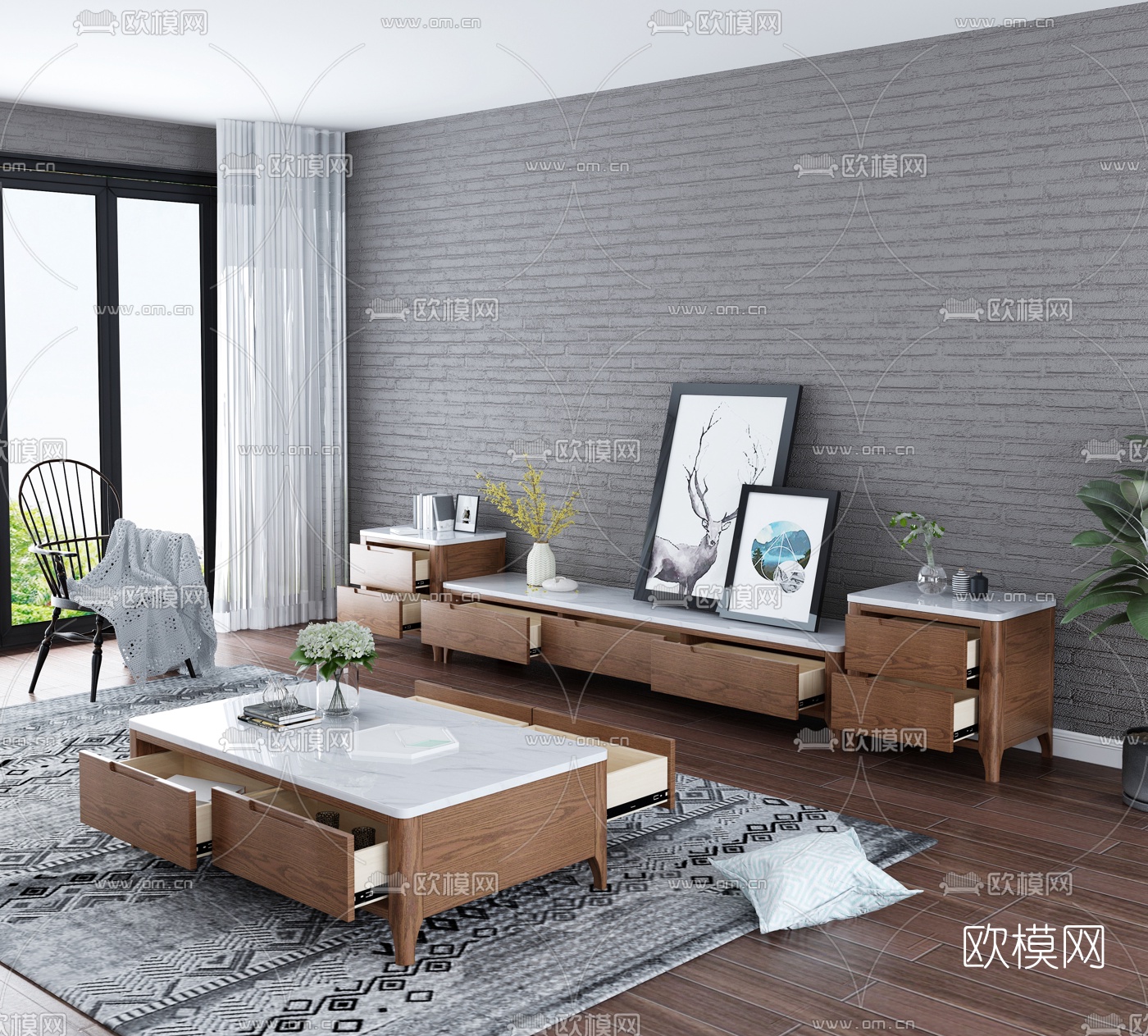 北欧电视柜茶几3d模型下载