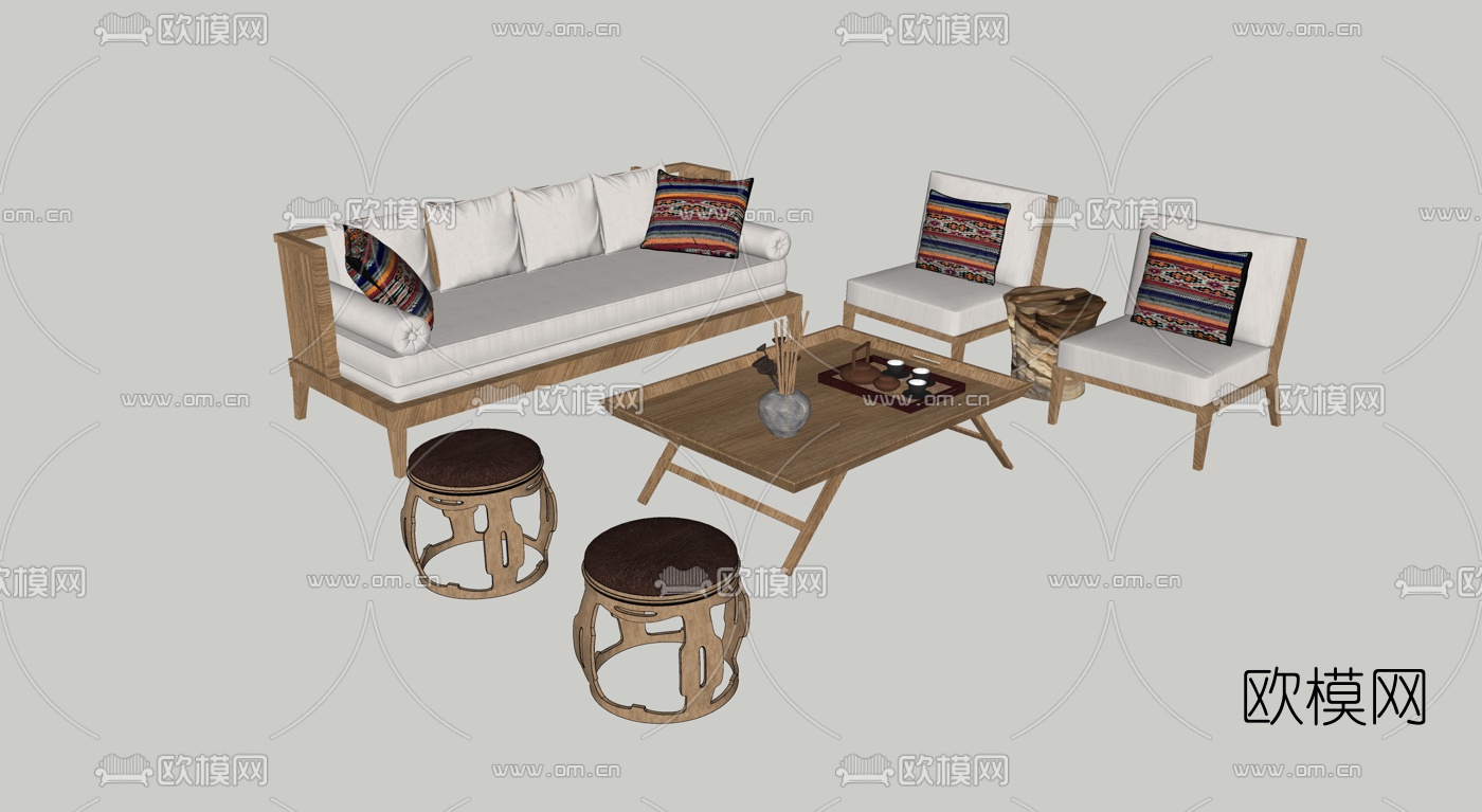 中式布艺沙发组合su模型下载
