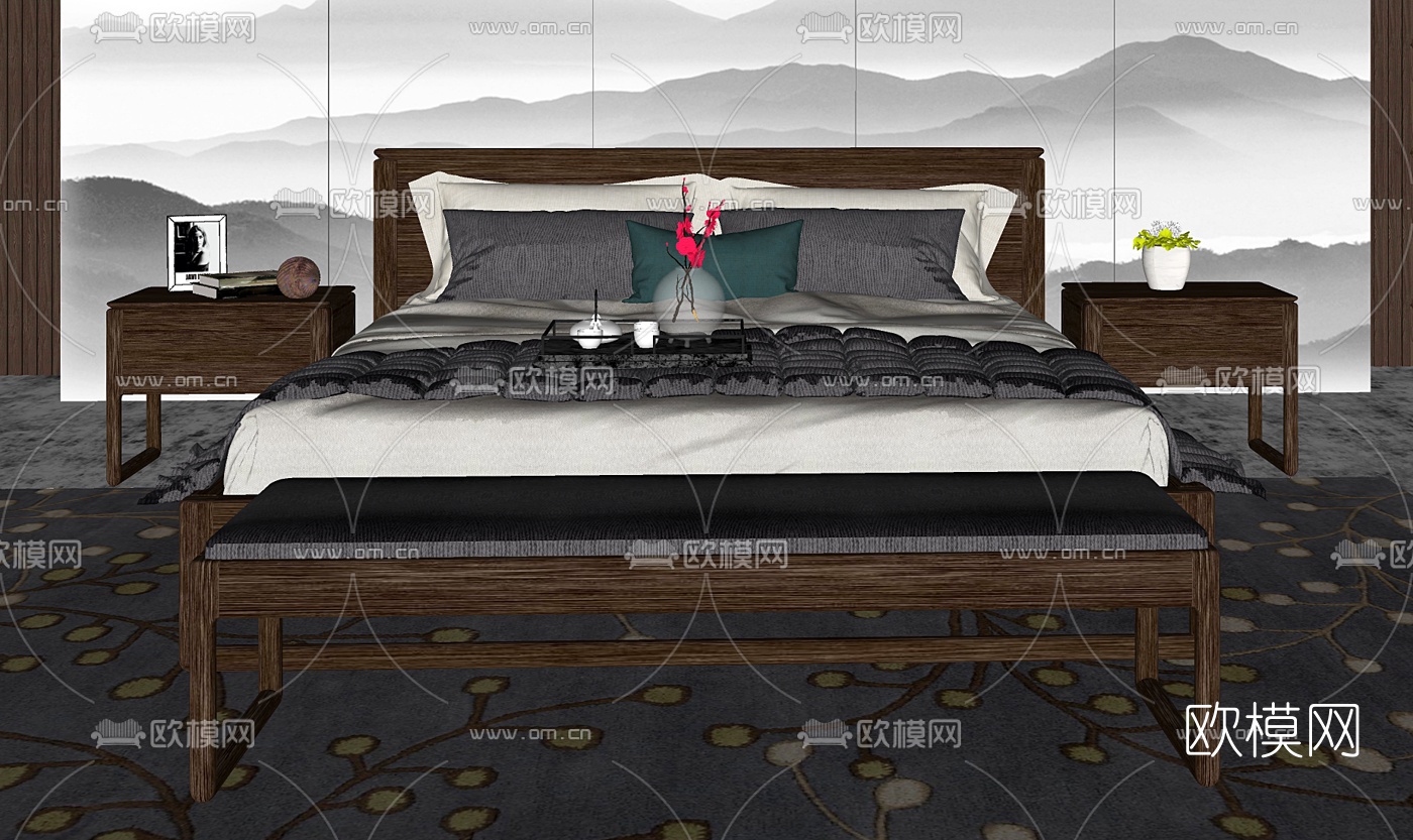 新中式实木双人床su模型下载（渲染图2）