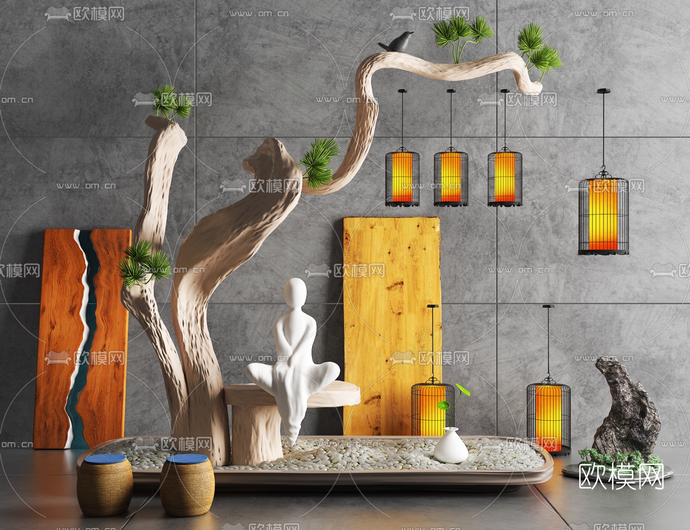 新中式禅意枯树园艺小品3d模型下载