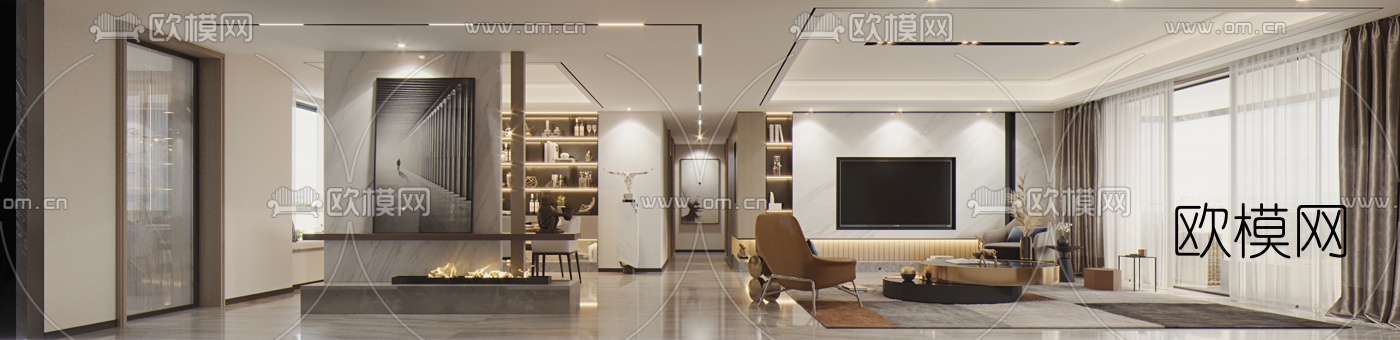 现代轻奢客厅餐厅3d模型