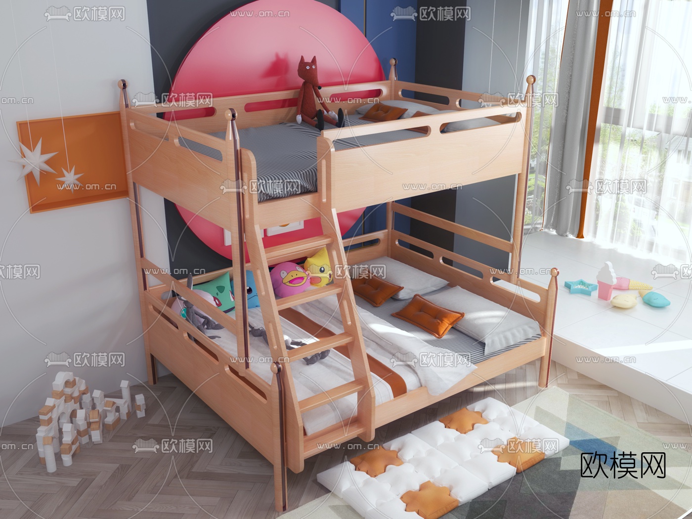 现代实木上下铺儿童床3d模型下载（渲染图4）