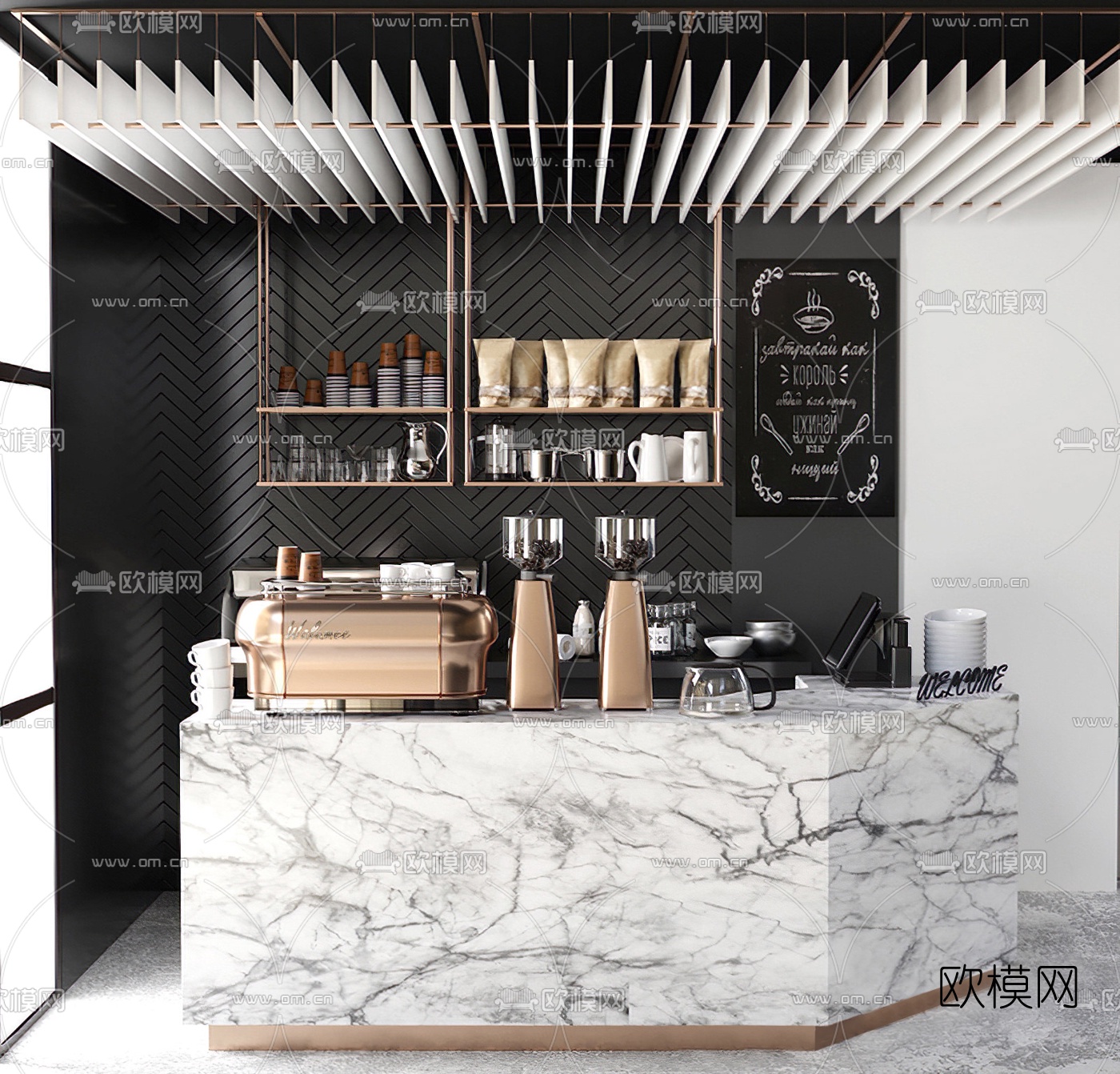 工业风咖啡厅大理石收银服务台3d模型下载（渲染图1）