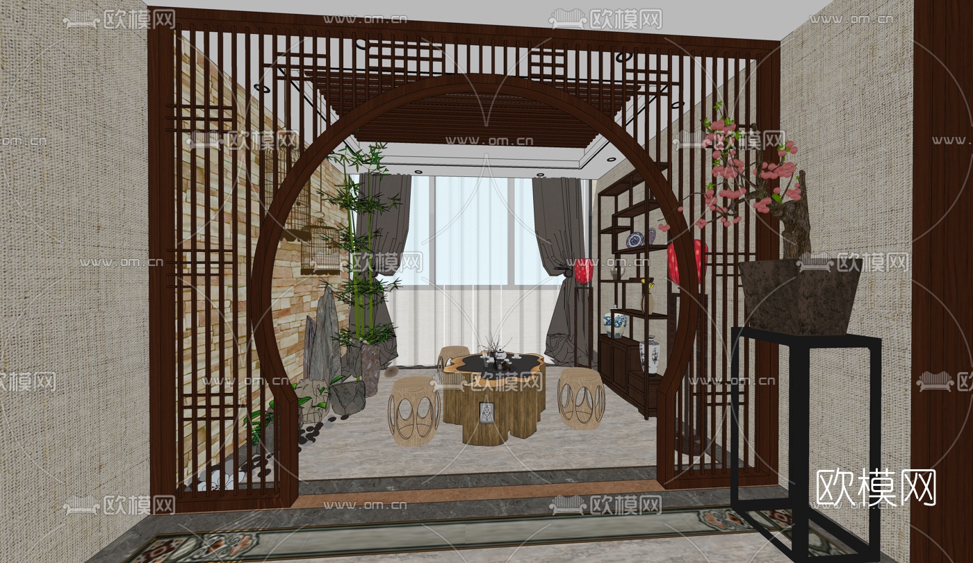 新中式餐厅su模型