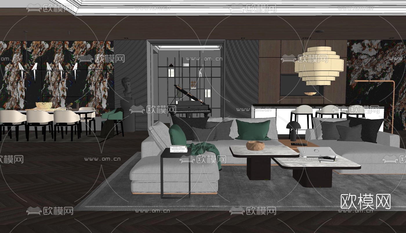 现代轻奢客厅餐厅su模型