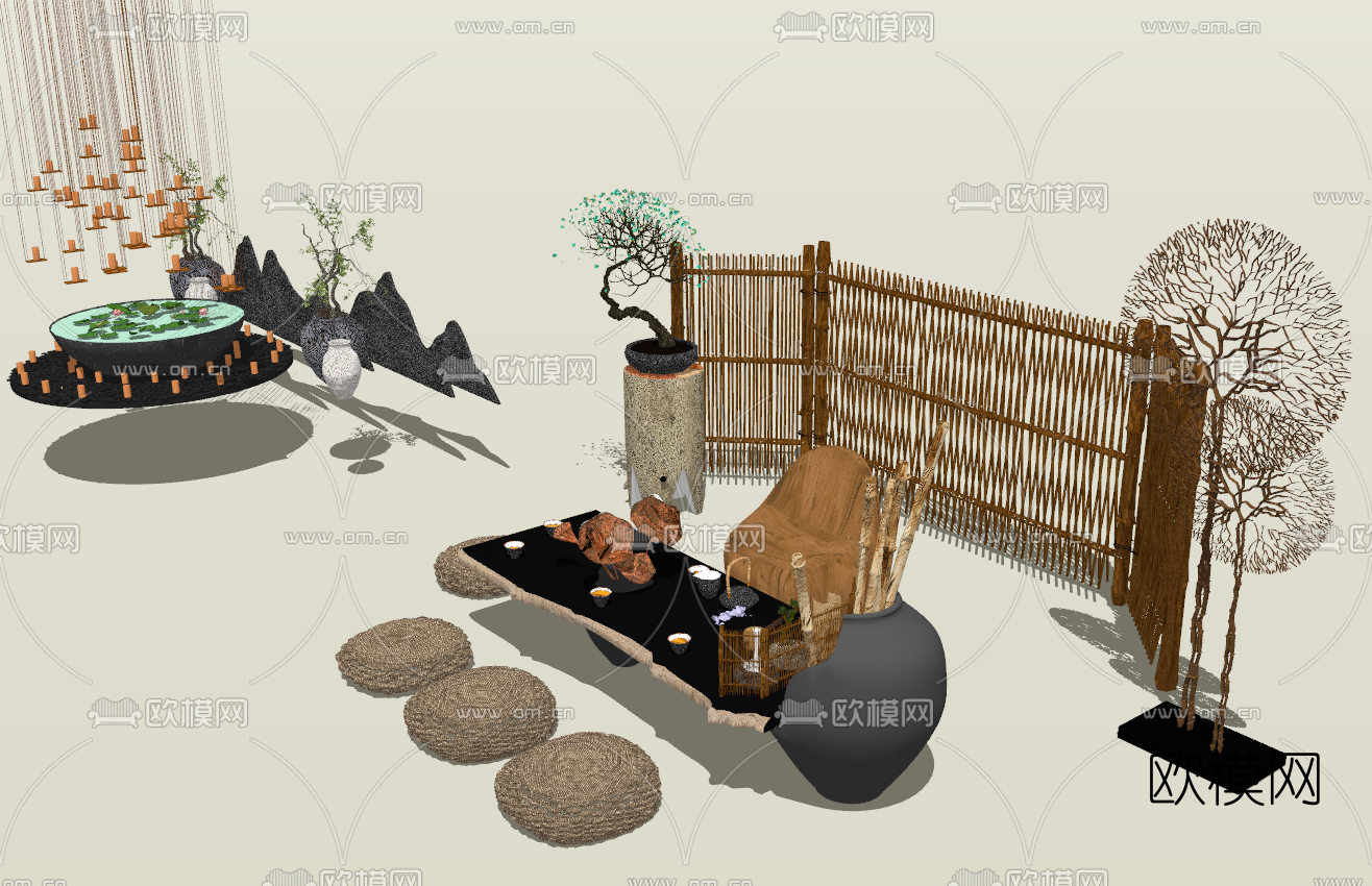 中式室外茶桌椅su模型下载（渲染图1）