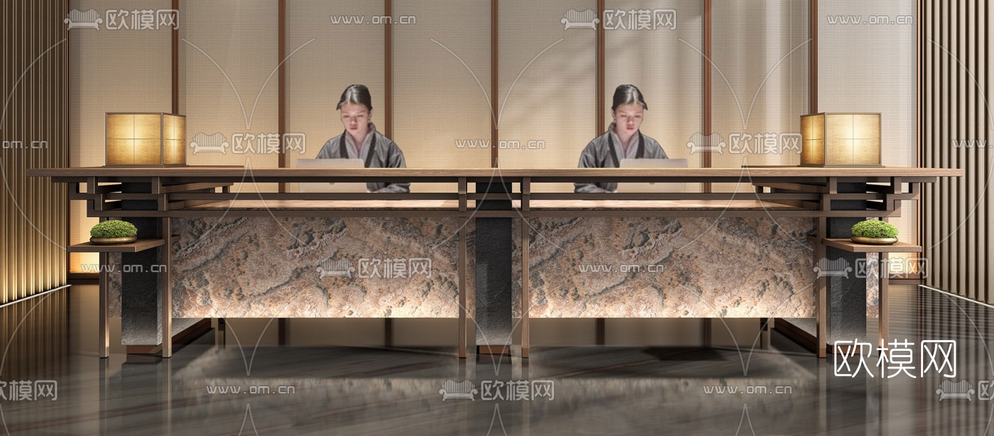新中式前台接待台3d模型
