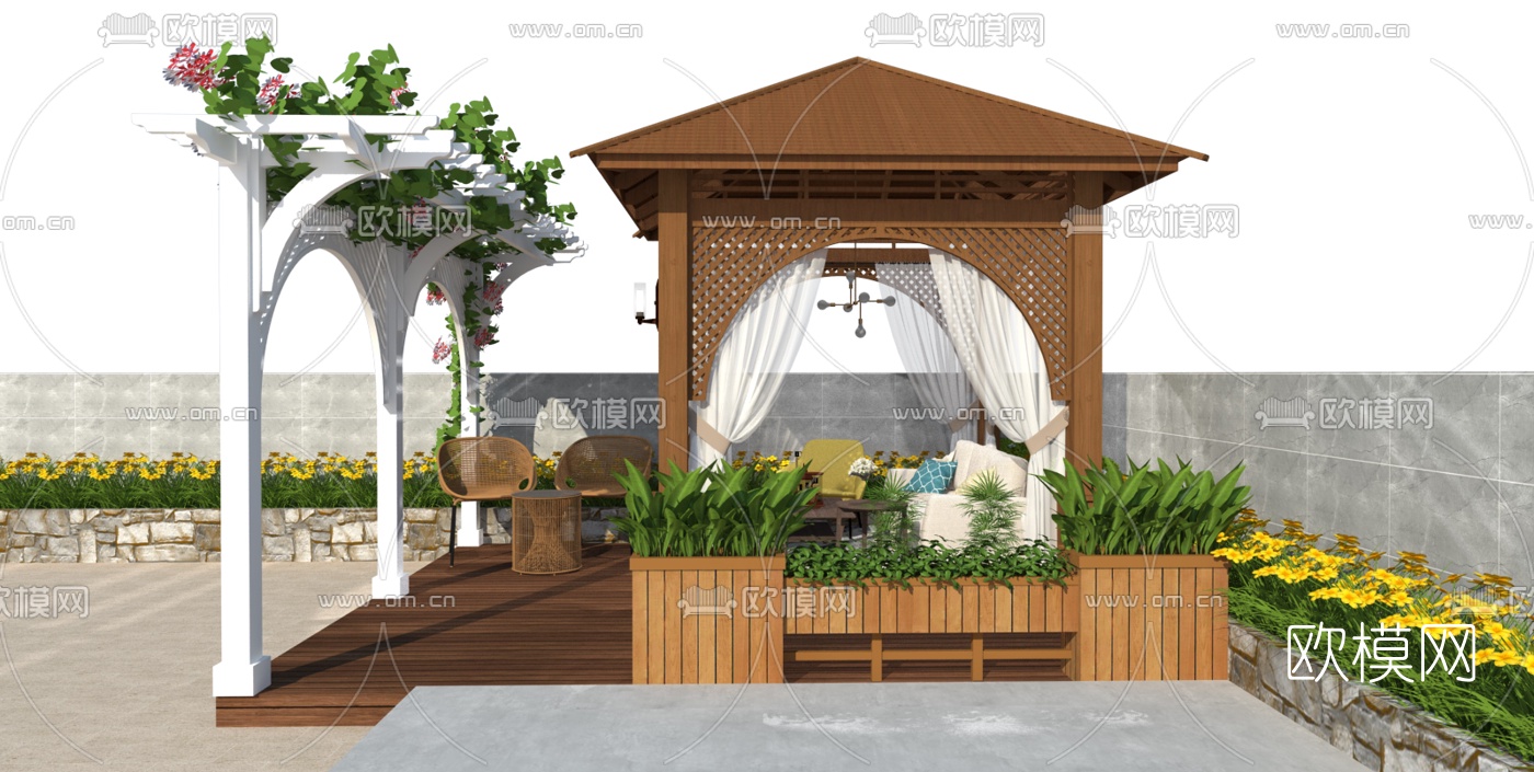 简欧庭院花园su模型下载（渲染图1）