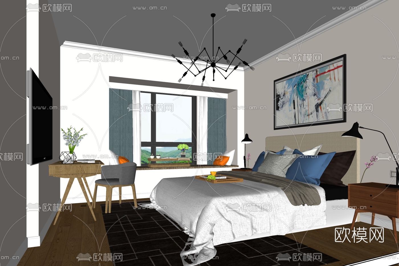 现代简约卧室免费su模型下载