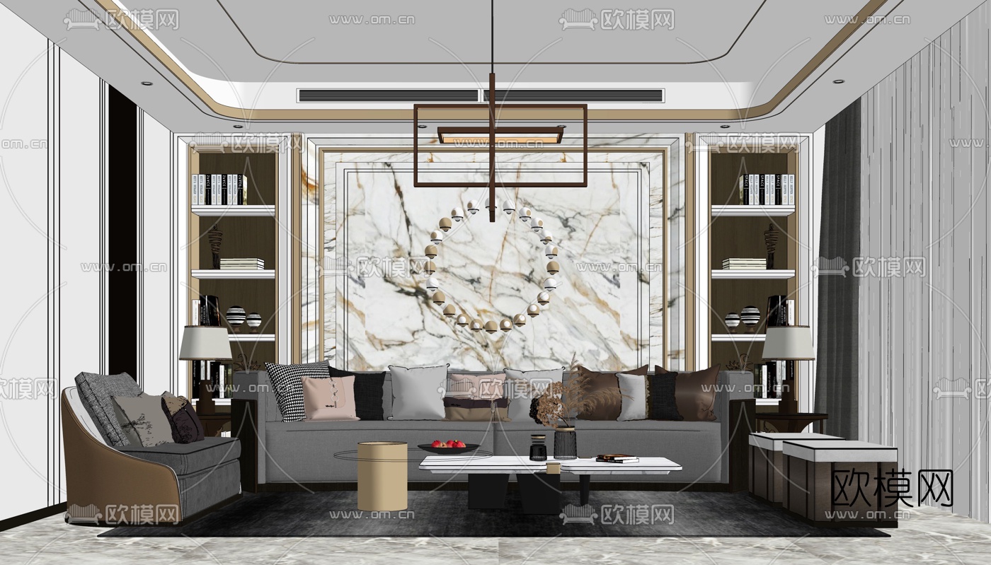 现代轻奢客厅su模型下载（渲染图2）
