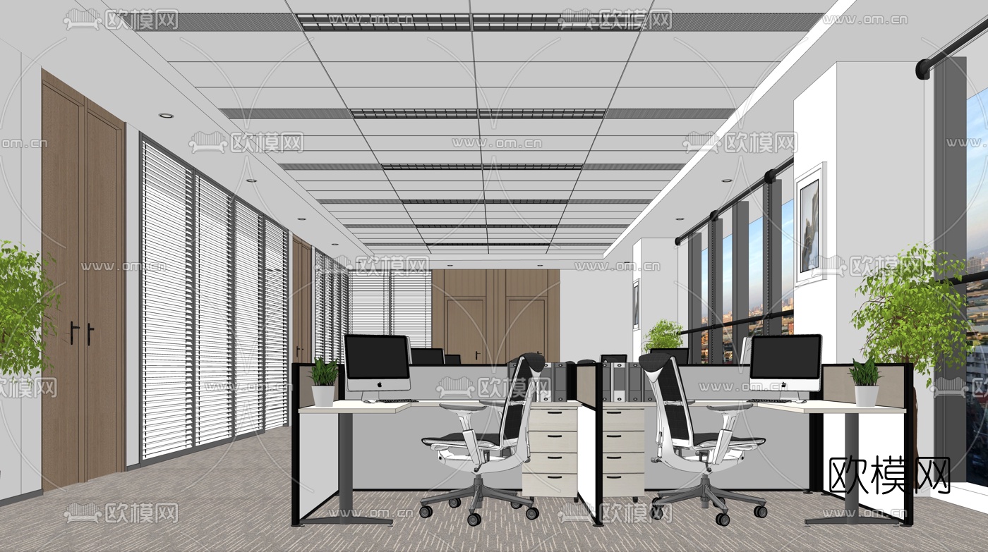 现代开敞式办公室su模型下载