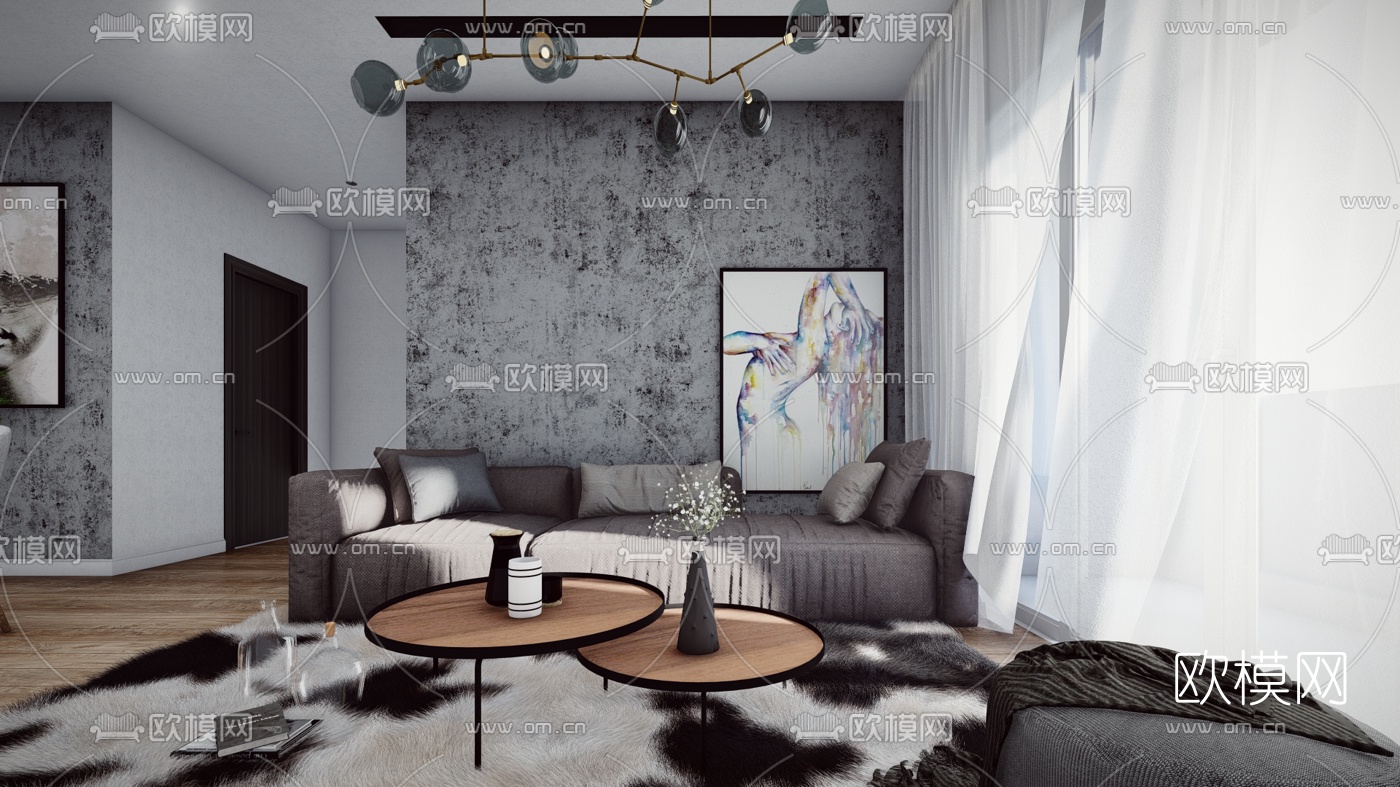 北欧客厅餐厅su模型下载（渲染图1）