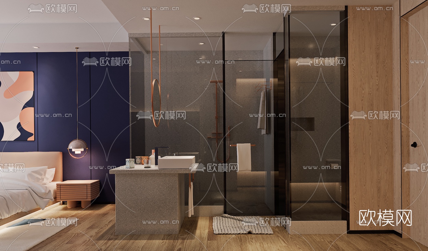 后现代酒店客房3d模型下载（渲染图3）