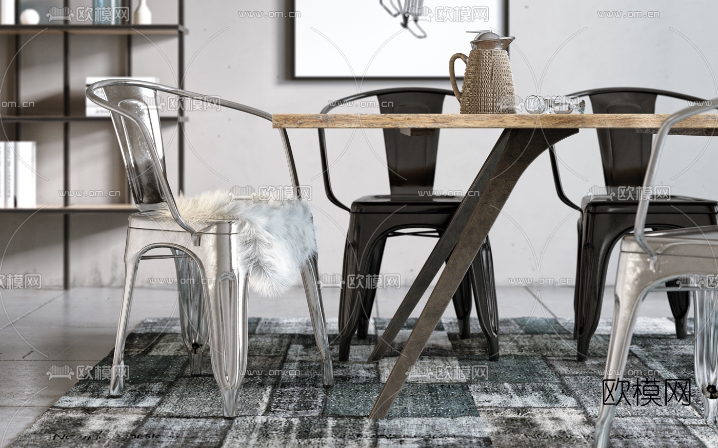 工业风实木餐桌椅3d模型下载（渲染图2）