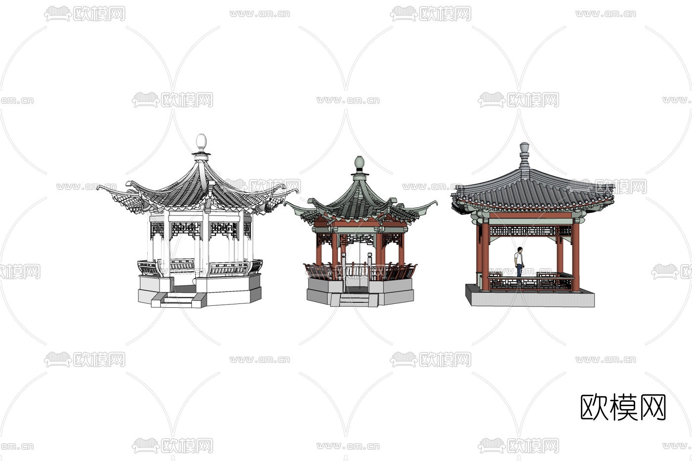 中式六角凉亭免费su模型下载
