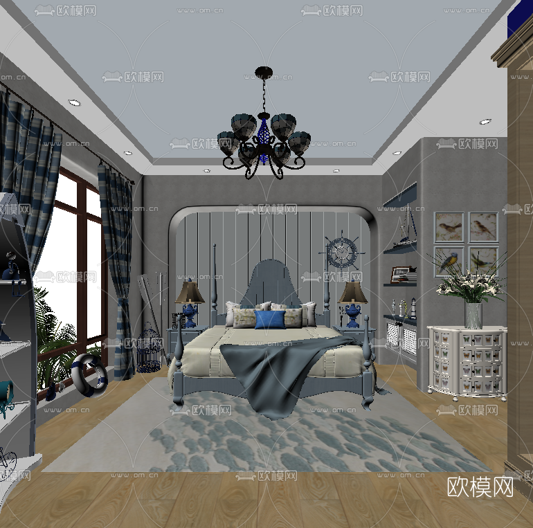 简欧卧室su模型下载
