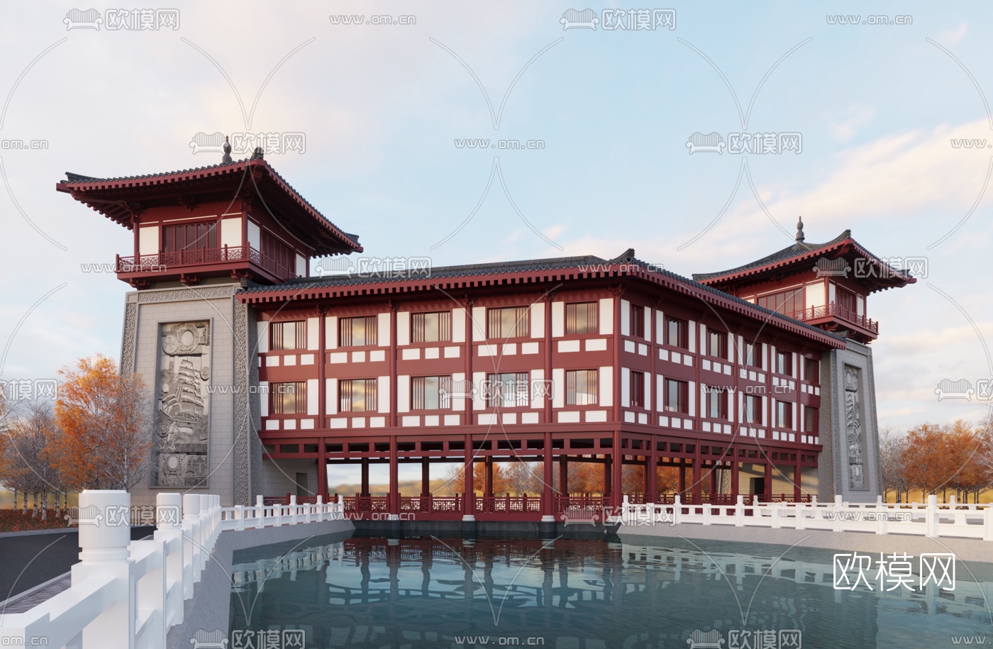 中式水利关口建筑外观3d模型下载（渲染图1）