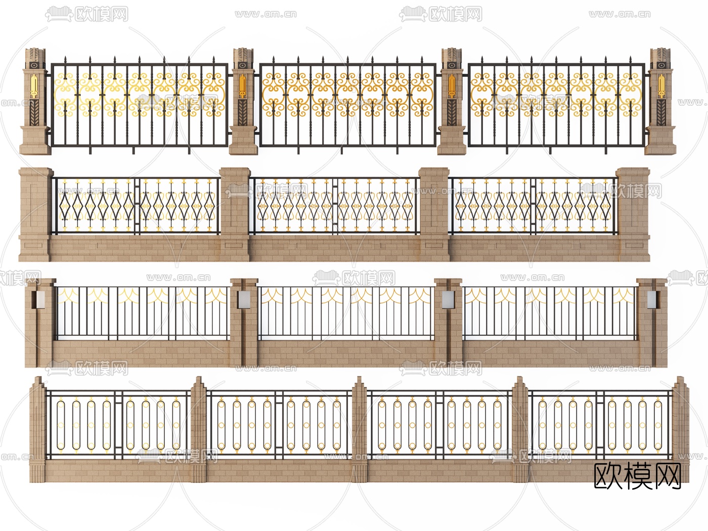 欧式围墙铁艺围栏3d模型下载（渲染图1）