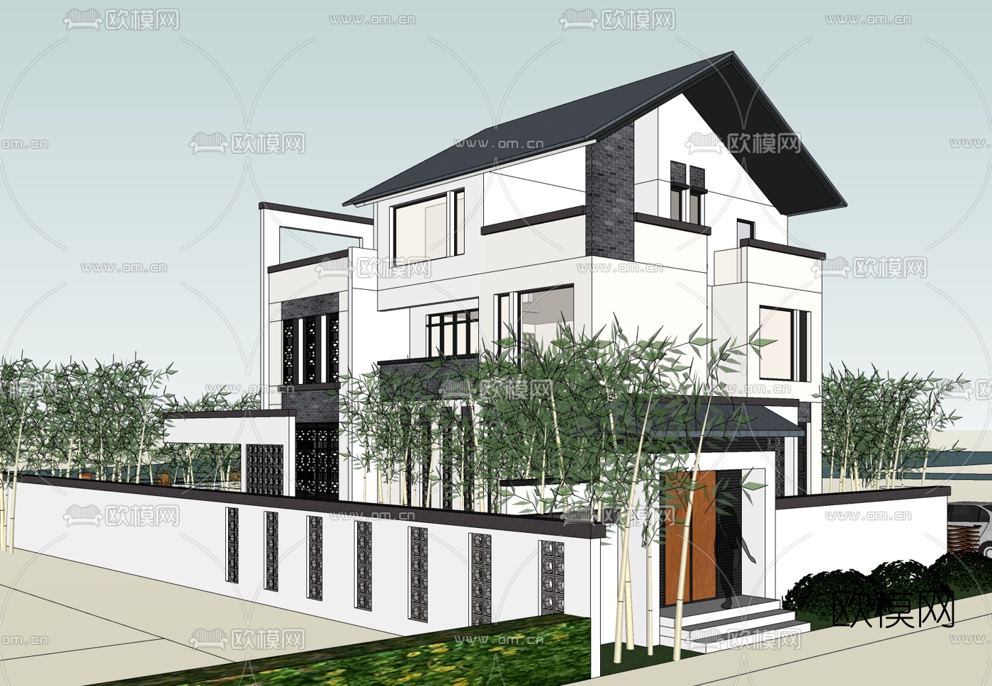 中式别墅外观免费su模型下载_ID10174100_sketchup模型下载-欧模网
