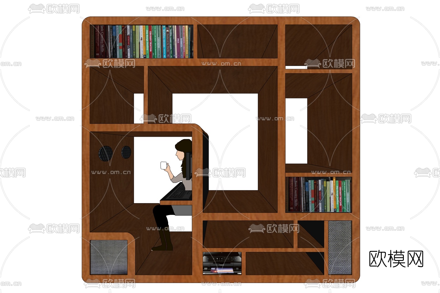 现代实木书架免费su模型下载